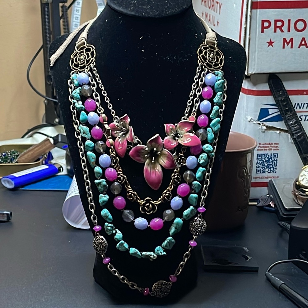 COPY - Lucky brand enamel flower& natural turquoise  statement long Necklage